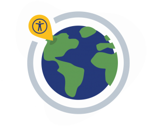 Icon of earth with a location pin containing accessibility symbol.